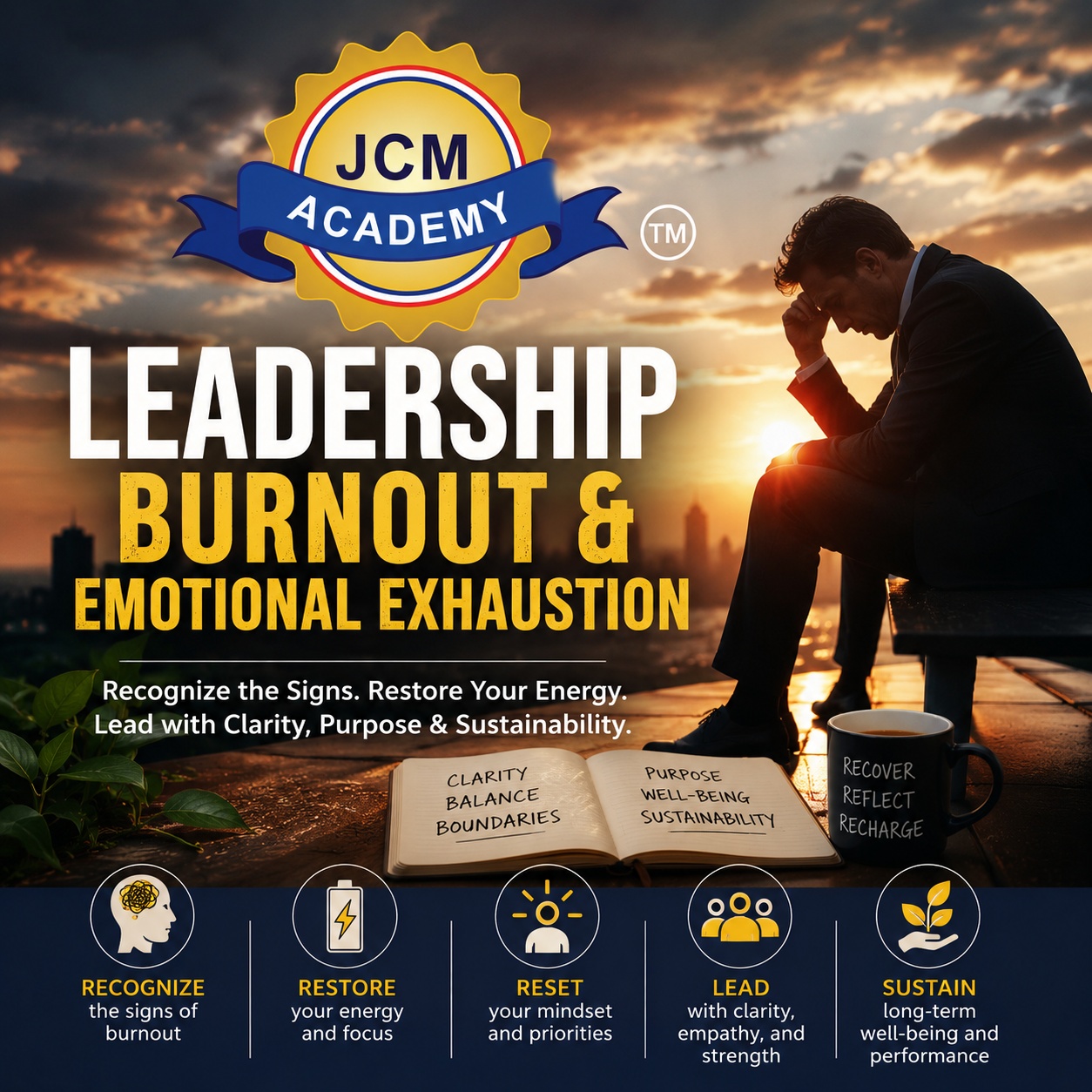 Leadership burnout and emotional exhaustion concept image showing a stressed business leader reflecting during sunset with themes of sustainable leadership, workplace wellbeing, clarity, recovery, and emotional resilience alongside JCM Academy branding.